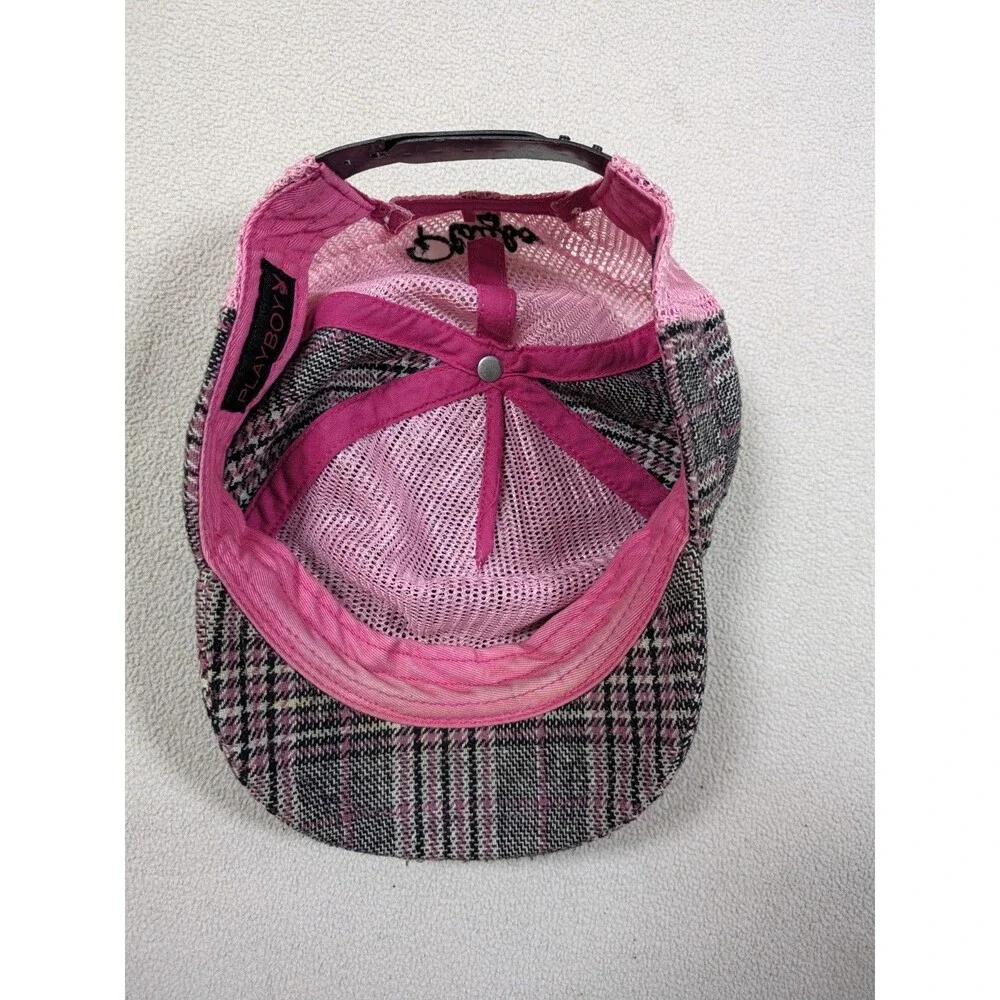 Vintage Retro Y2K Playboy Bunny Newsboy Pink Plaid Mesh Back Snapback Hat